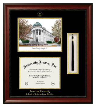 Double Opening with Campus Image & Tassel Box (Stacked) Frame in Avalon Mahogany with Black & Gold Mats for DOCUMENT: 8 1/2"H X 11"W  