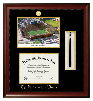 Double Opening with Campus Image & Tassel Box (Stacked) Frame in Avalon Mahogany with Black & Gold Mats for DOCUMENT: 8 1/2"H X 11"W  