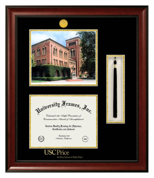 Double Opening with Campus Image & Tassel Box (Stacked) Frame in Avalon Mahogany with Black & Gold Mats for DOCUMENT: 8 1/2"H X 11"W  