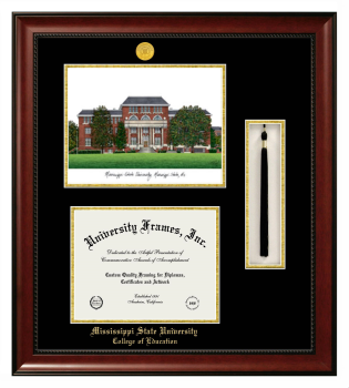 Double Opening with Campus Image & Tassel Box (Stacked) Frame in Avalon Mahogany with Black & Gold Mats for DOCUMENT: 8 1/2"H X 11"W  