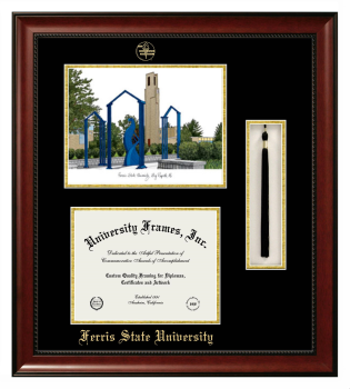 Double Opening with Campus Image & Tassel Box (Stacked) Frame in Avalon Mahogany with Black & Gold Mats for DOCUMENT: 8 1/2"H X 11"W  