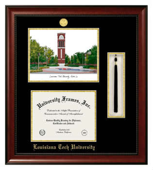 Louisiana Tech University Double Opening with Campus Image & Tassel Box (Stacked) Frame in Avalon Mahogany with Black & Gold Mats for DOCUMENT: 8 1/2"H X 11"W  