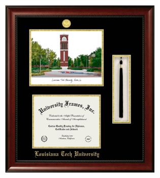 Double Opening with Campus Image & Tassel Box (Stacked) Frame in Avalon Mahogany with Black & Gold Mats for DOCUMENT: 8 1/2"H X 11"W  