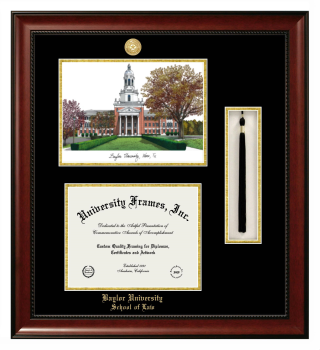 Double Opening with Campus Image & Tassel Box (Stacked) Frame in Avalon Mahogany with Black & Gold Mats for DOCUMENT: 8 1/2"H X 11"W  