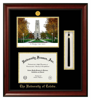 Double Opening with Campus Image & Tassel Box (Stacked) Frame in Avalon Mahogany with Black & Gold Mats for DOCUMENT: 8 1/2"H X 11"W  