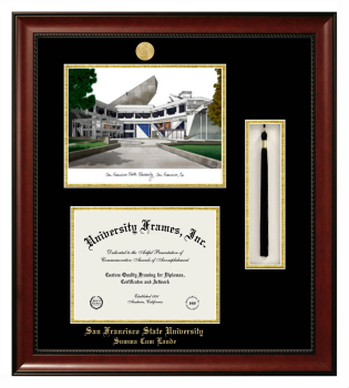 Double Opening with Campus Image & Tassel Box (Stacked) Frame in Avalon Mahogany with Black & Gold Mats for DOCUMENT: 8 1/2"H X 11"W  