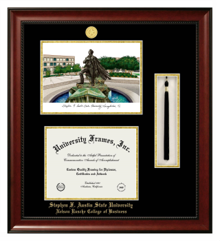 Double Opening with Campus Image & Tassel Box (Stacked) Frame in Avalon Mahogany with Black & Gold Mats for DOCUMENT: 8 1/2"H X 11"W  