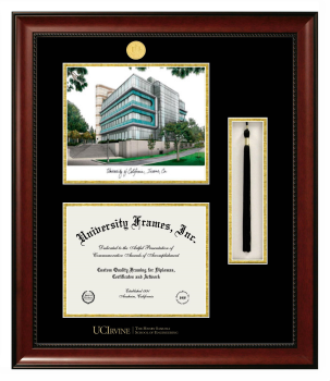 Double Opening with Campus Image & Tassel Box (Stacked) Frame in Avalon Mahogany with Black & Gold Mats for DOCUMENT: 8 1/2"H X 11"W  