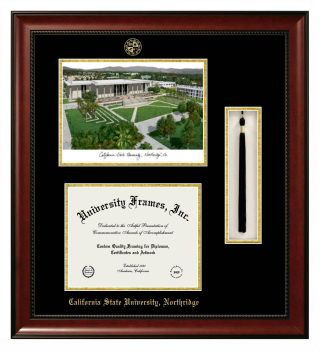 Double Opening with Campus Image & Tassel Box (Stacked) Frame in Avalon Mahogany with Black & Gold Mats for DOCUMENT: 8 1/2"H X 11"W  