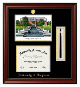 Double Opening with Campus Image & Tassel Box (Stacked) Frame in Avalon Mahogany with Black & Gold Mats for DOCUMENT: 8 1/2"H X 11"W  