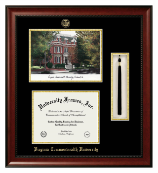 Double Opening with Campus Image & Tassel Box (Stacked) Frame in Avalon Mahogany with Black & Gold Mats for DOCUMENT: 8 1/2"H X 11"W  