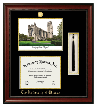 Double Opening with Campus Image & Tassel Box (Stacked) Frame in Avalon Mahogany with Black & Gold Mats for DOCUMENT: 8 1/2"H X 11"W  