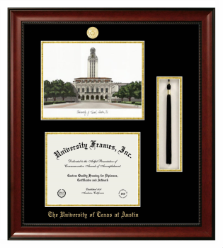 Double Opening with Campus Image & Tassel Box (Stacked) Frame in Avalon Mahogany with Black & Gold Mats for DOCUMENT: 8 1/2"H X 11"W  