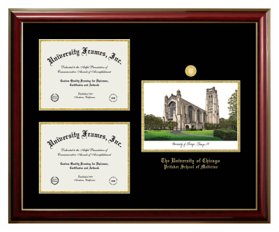 Triple Opening with Campus Image Frame in Classic Mahogany with Gold Trim with Black & Gold Mats for DOCUMENT: 8 1/2"H X 11"W  , DOCUMENT: 8 1/2"H X 11"W  