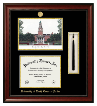 Double Opening with Campus Image & Tassel Box (Stacked) Frame in Avalon Mahogany with Black & Gold Mats for DOCUMENT: 8 1/2"H X 11"W  