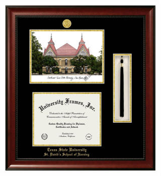 Double Opening with Campus Image & Tassel Box (Stacked) Frame in Avalon Mahogany with Black & Gold Mats for DOCUMENT: 8 1/2"H X 11"W  