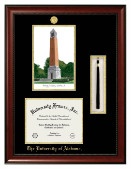 Double Opening with Campus Image & Tassel Box (Stacked) Frame in Avalon Mahogany with Black & Gold Mats for DOCUMENT: 8 1/2"H X 11"W  