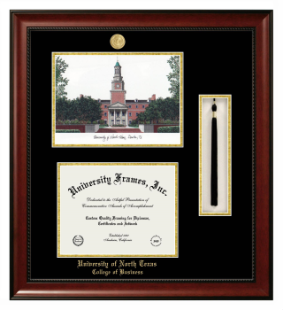 Double Opening with Campus Image & Tassel Box (Stacked) Frame in Avalon Mahogany with Black & Gold Mats for DOCUMENT: 8 1/2"H X 11"W  