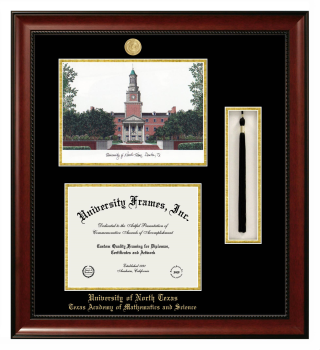 Double Opening with Campus Image & Tassel Box (Stacked) Frame in Avalon Mahogany with Black & Gold Mats for DOCUMENT: 8 1/2"H X 11"W  