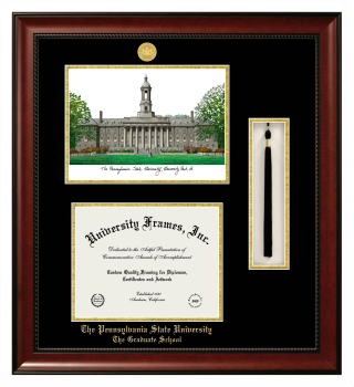 Double Opening with Campus Image & Tassel Box (Stacked) Frame in Avalon Mahogany with Black & Gold Mats for DOCUMENT: 8 1/2"H X 11"W  