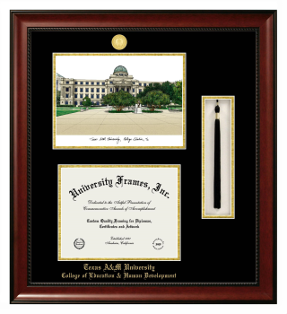 Double Opening with Campus Image & Tassel Box (Stacked) Frame in Avalon Mahogany with Black & Gold Mats for DOCUMENT: 8 1/2"H X 11"W  