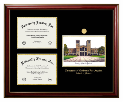 Triple Opening with Campus Image Frame in Classic Mahogany with Gold Trim with Black & Gold Mats for DOCUMENT: 8 1/2"H X 11"W  , DOCUMENT: 8 1/2"H X 11"W  