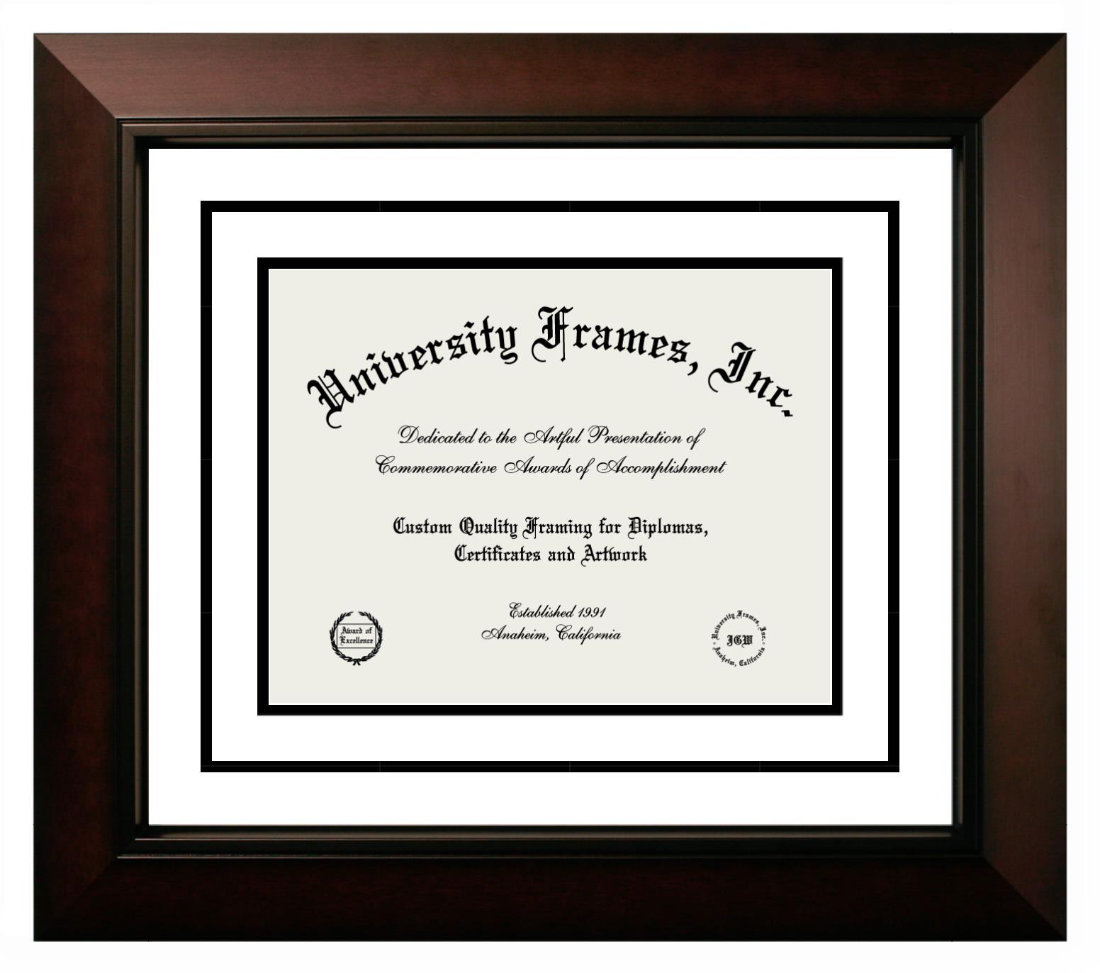 Diploma with Channel Cut Frame in Petite Mahogany with Gold Trim with Black  & Gold Mats