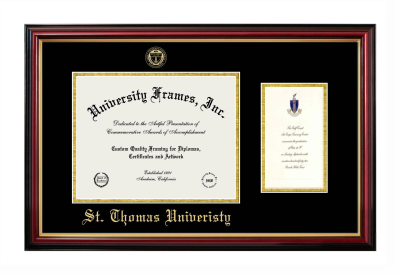 St. Thomas University Diploma with Announcement Frame in Petite Mahogany with Gold Trim with Black & Gold Mats for DOCUMENT: 8 1/2"H X 11"W  ,  7"H X 4"W  