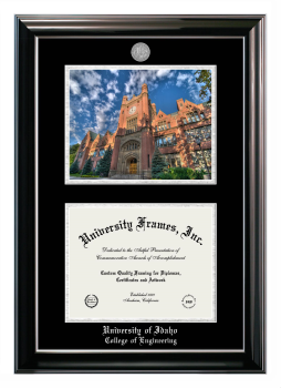 Double Opening with Campus Image (Stacked) Frame in Classic Ebony with Silver Trim with Black & Silver Mats for DOCUMENT: 8 1/2"H X 11"W  