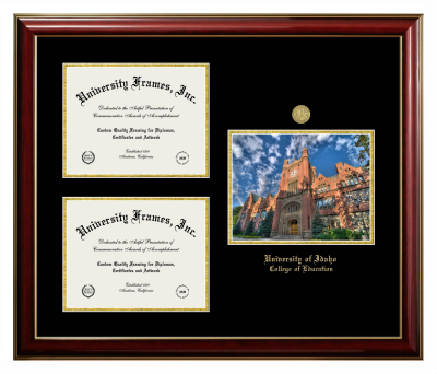 Triple Opening with Campus Image Frame in Classic Mahogany with Gold Trim with Black & Gold Mats for DOCUMENT: 8 1/2"H X 11"W  , DOCUMENT: 8 1/2"H X 11"W  