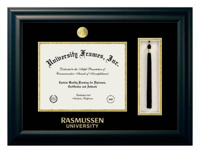 Diploma with Tassel Box Frame in Satin Black with Black & Gold Mats for DOCUMENT: 8 1/2"H X 11"W  