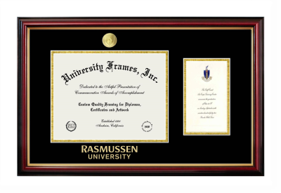 Diploma with Announcement Frame in Petite Mahogany with Gold Trim with Black & Gold Mats for DOCUMENT: 8 1/2"H X 11"W  ,  7"H X 4"W  