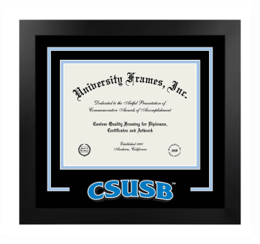 California State University, San Bernardino Logo Mat Frame in Manhattan Black with Black & Light Blue Mats for DOCUMENT: 8 1/2"H X 11"W  