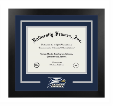 Logo Mat Frame in Manhattan Black with Navy Blue & Gray Mats for DOCUMENT: 8 1/2"H X 11"W  