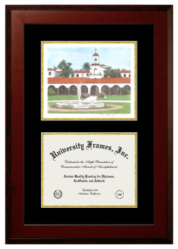 Double Opening with Campus Image (Unimprinted Mat) Frame in Honors Mahogany with Black & Gold Mats for DOCUMENT: 8 1/2"H X 11"W  