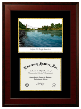 Double Opening with Campus Image (Unimprinted Mat) Frame in Honors Mahogany with Black & Gold Mats for DOCUMENT: 8 1/2"H X 11"W  