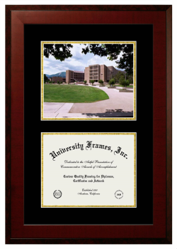 Double Opening with Campus Image (Unimprinted Mat) Frame in Honors Mahogany with Black & Gold Mats for DOCUMENT: 8 1/2"H X 11"W  