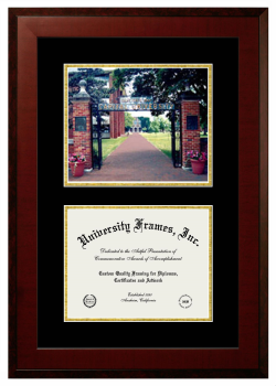 Double Opening with Campus Image (Unimprinted Mat) Frame in Honors Mahogany with Black & Gold Mats for DOCUMENT: 8 1/2"H X 11"W  