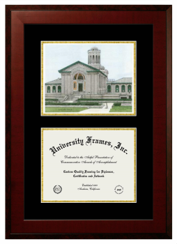 Double Opening with Campus Image (Unimprinted Mat) Frame in Honors Mahogany with Black & Gold Mats for DOCUMENT: 8 1/2"H X 11"W  