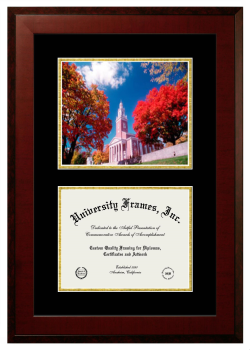 Double Opening with Campus Image (Unimprinted Mat) Frame in Honors Mahogany with Black & Gold Mats for DOCUMENT: 8 1/2"H X 11"W  