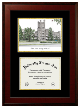 Double Opening with Campus Image (Unimprinted Mat) Frame in Honors Mahogany with Black & Gold Mats for DOCUMENT: 8 1/2"H X 11"W  