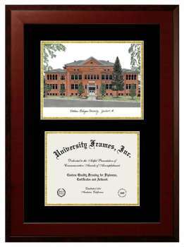 Double Opening with Campus Image (Unimprinted Mat) Frame in Honors Mahogany with Black & Gold Mats for DOCUMENT: 8 1/2"H X 11"W  