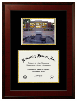 Double Opening with Campus Image (Unimprinted Mat) Frame in Honors Mahogany with Black & Gold Mats for DOCUMENT: 8 1/2"H X 11"W  