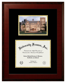 Double Opening with Campus Image (Unimprinted Mat) Frame in Honors Mahogany with Black & Gold Mats for DOCUMENT: 8 1/2"H X 11"W  