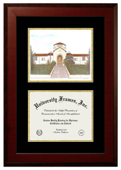 Double Opening with Campus Image (Unimprinted Mat) Frame in Honors Mahogany with Black & Gold Mats for DOCUMENT: 8 1/2"H X 11"W  