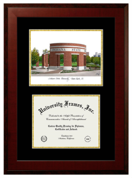 Double Opening with Campus Image (Unimprinted Mat) Frame in Honors Mahogany with Black & Gold Mats for DOCUMENT: 8 1/2"H X 11"W  