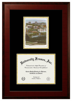 Double Opening with Campus Image (Unimprinted Mat) Frame in Honors Mahogany with Black & Gold Mats for DOCUMENT: 8 1/2"H X 11"W  