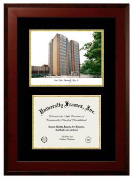 Double Opening with Campus Image (Unimprinted Mat) Frame in Honors Mahogany with Black & Gold Mats for DOCUMENT: 8 1/2"H X 11"W  