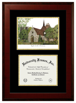 Double Opening with Campus Image (Unimprinted Mat) Frame in Honors Mahogany with Black & Gold Mats for DOCUMENT: 8 1/2"H X 11"W  