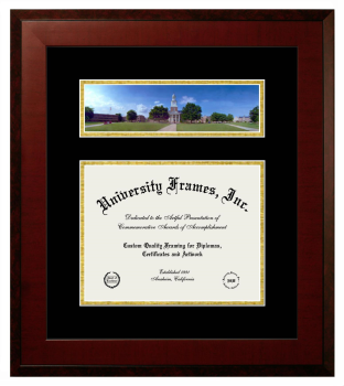 Double Opening with Campus Image (Unimprinted Mat) Frame in Honors Mahogany with Black & Gold Mats for DOCUMENT: 8 1/2"H X 11"W  